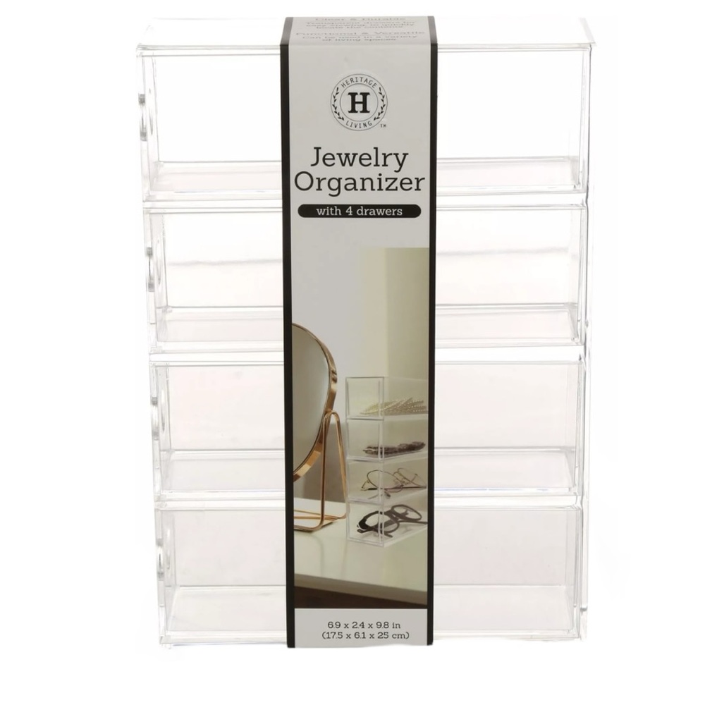 Heritage Living 4 Drawer Clear Acrylic Jewelry Organizer NWT